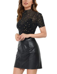 Gold Stars Print Sheer Mesh Short Sleeve Crop Tops