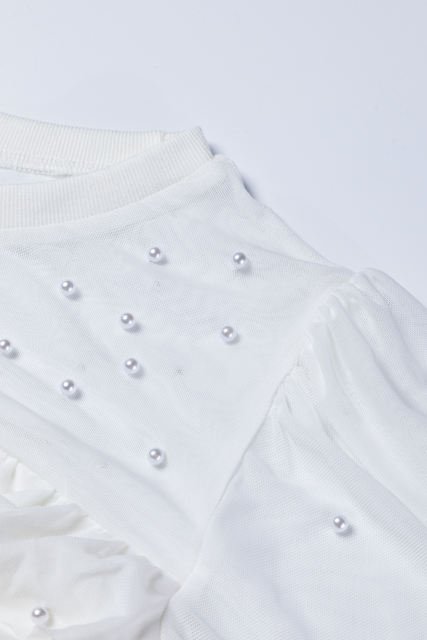 White Pearl Decor Mesh Patchwork Ribbed Long Sleeve Top