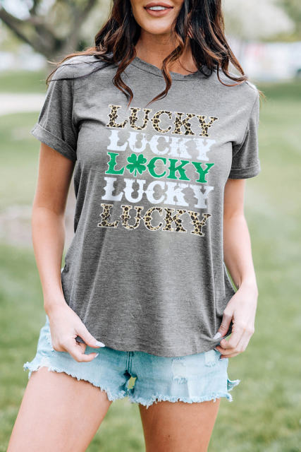 Gray LUCKY Clover Leopard Print Crewneck T Shirt