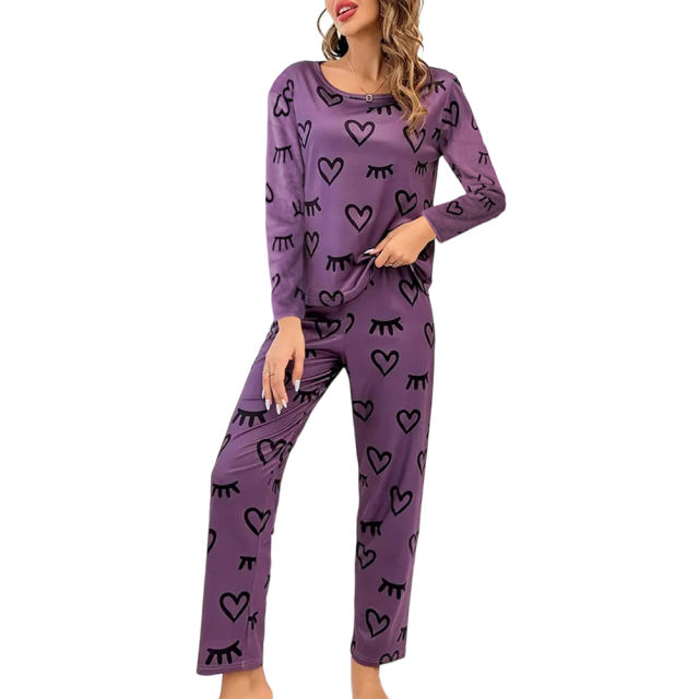 Purple Heart Print Long Sleeve and Pant Lounge Set