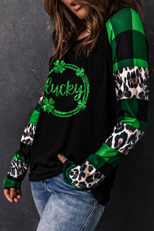 Green Lucky Clover Graphic Leopard Plaid Long Sleeve Top