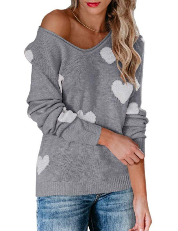 Gray V Neck Heart Graphic Knit Sweater
