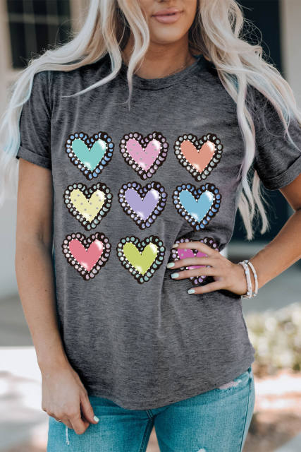 Gray Colorful Heart Shaped Print Crew Neck Casual Tee