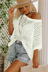 White Fishnet Knit Ribbed Round Neck Short Sleeve Sweater Tee
