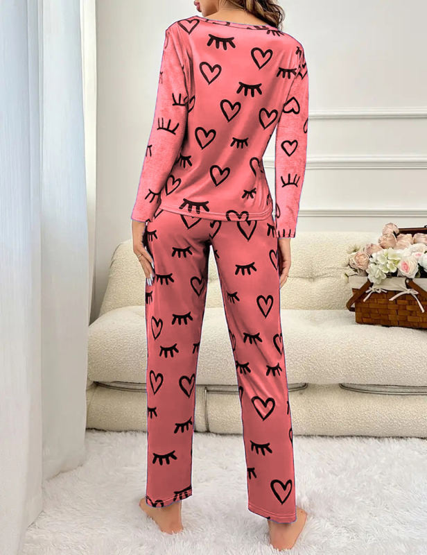 Red Heart Print Long Sleeve and Pant Lounge Set
