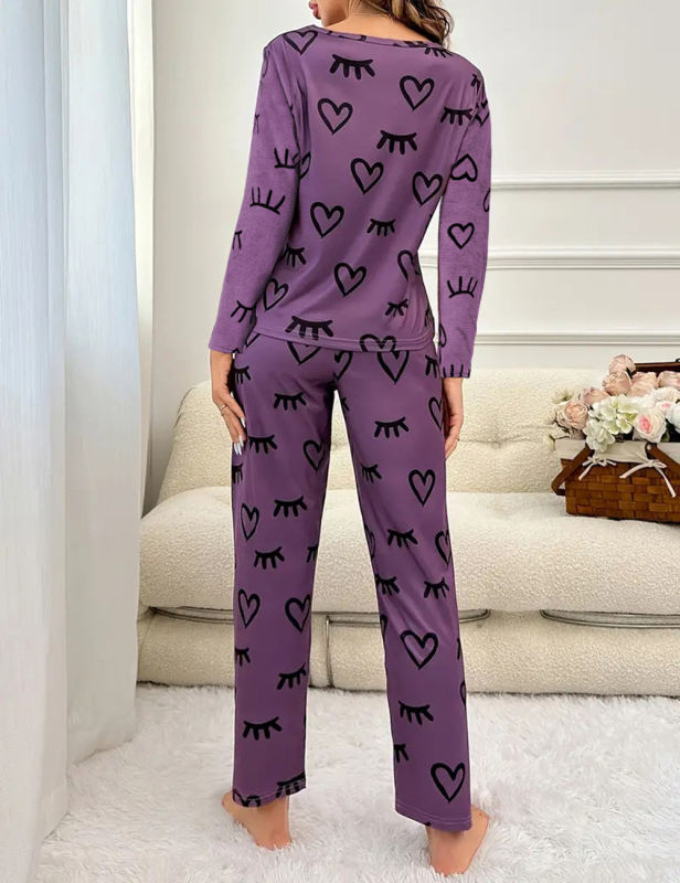 Purple Heart Print Long Sleeve and Pant Lounge Set