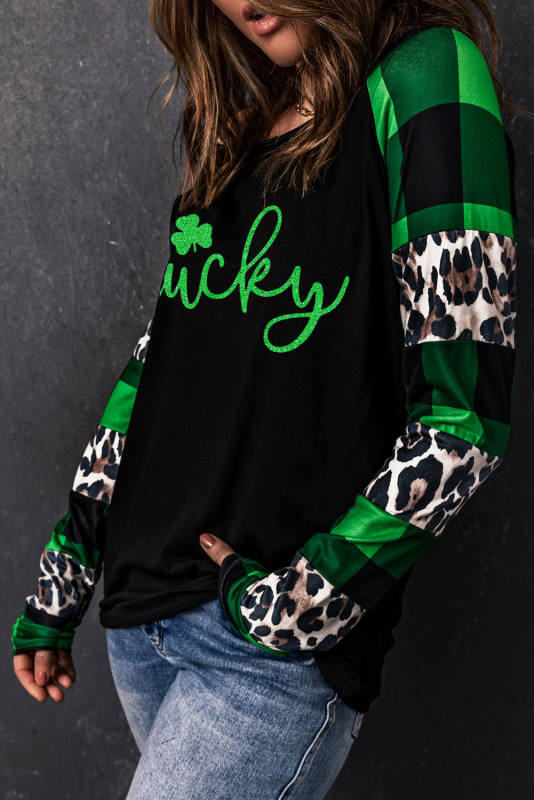 Green Lucky Clover Glitter Graphic Leopard Plaid Splicing Top