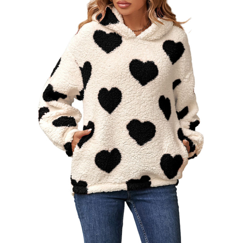 Black Heart Print Pocket Fleece Pullover Sweatshirt