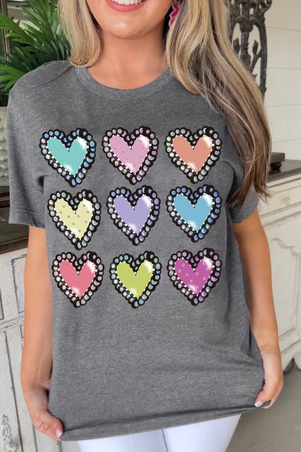 Gray Colorful Heart Shaped Print Crew Neck Casual Tee
