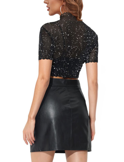 Silver Stars Print Sheer Mesh Short Sleeve Crop Tops