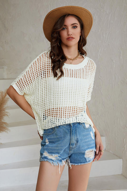 White Fishnet Knit Ribbed Round Neck Short Sleeve Sweater Tee