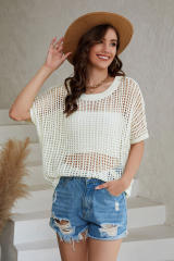 White Fishnet Knit Ribbed Round Neck Short Sleeve Sweater Tee