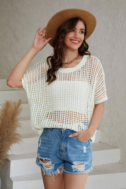 White Fishnet Knit Ribbed Round Neck Short Sleeve Sweater Tee