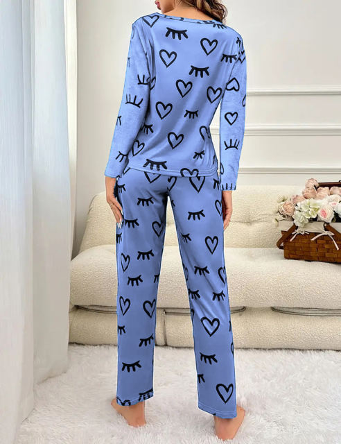 Blue Heart Print Long Sleeve and Pant Lounge Set