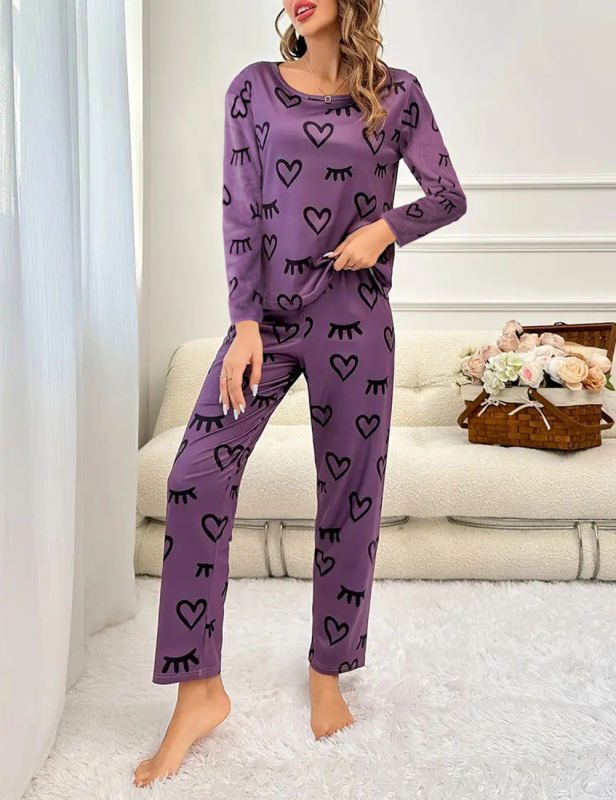 Purple Heart Print Long Sleeve and Pant Lounge Set