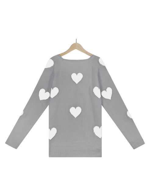 Gray V Neck Heart Graphic Knit Sweater
