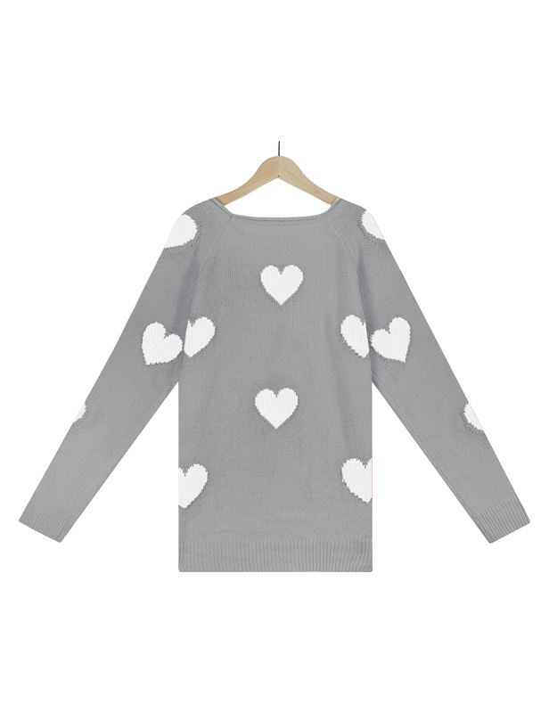 Gray V Neck Heart Graphic Knit Sweater