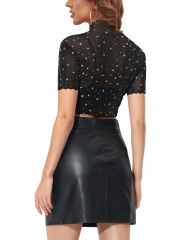 Gold Stars Print Sheer Mesh Short Sleeve Crop Tops