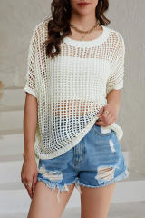 White Fishnet Knit Ribbed Round Neck Short Sleeve Sweater Tee