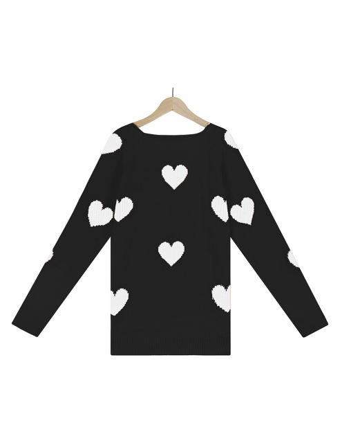 Black V Neck Heart Graphic Knit Sweater