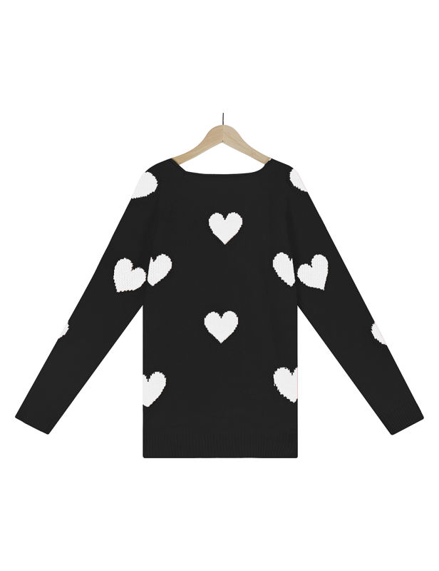 Black V Neck Heart Graphic Knit Sweater