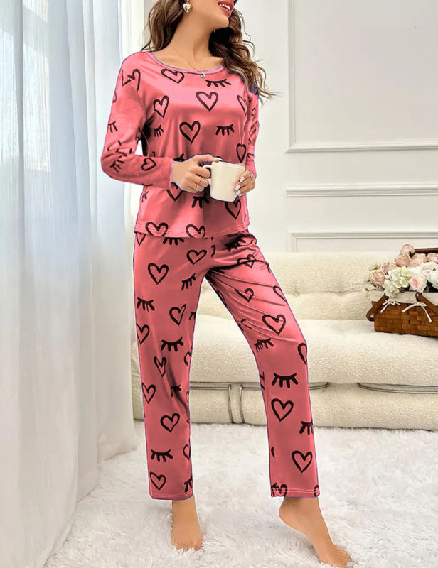 Red Heart Print Long Sleeve and Pant Lounge Set