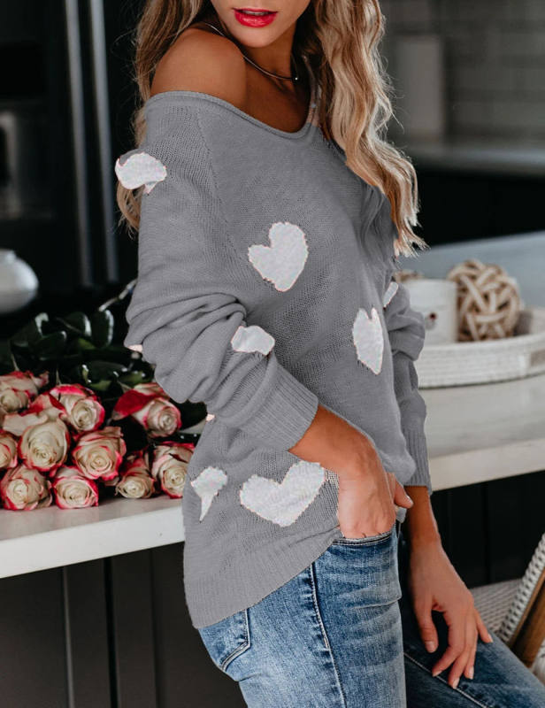 Gray V Neck Heart Graphic Knit Sweater