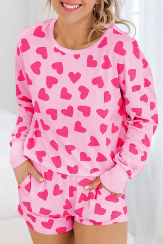 Pink Valentine Heart Shape Print Long Sleeve Top Shorts Lounge Set  LC15803-P201020