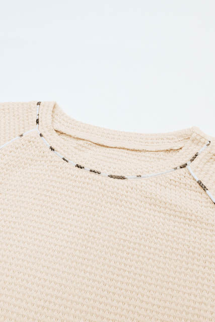 Apricot Leopard Print Patchwork Lantern Sleeve Waffle Knit Top