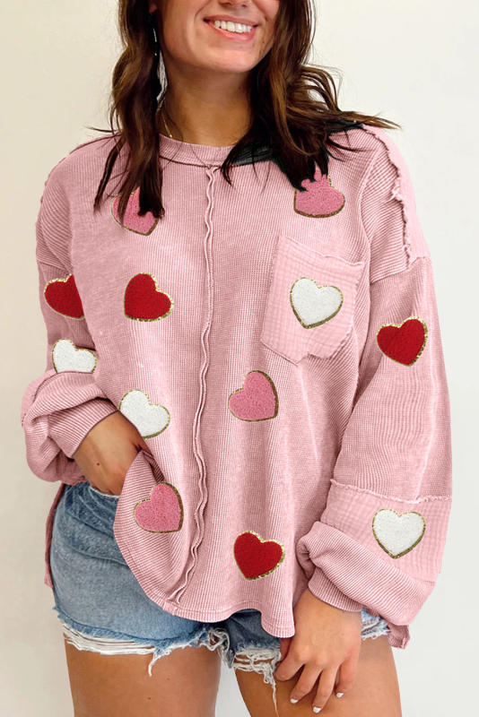 Pink Shiny Chenille Heart Graphic Patched Corded Plus Size Top