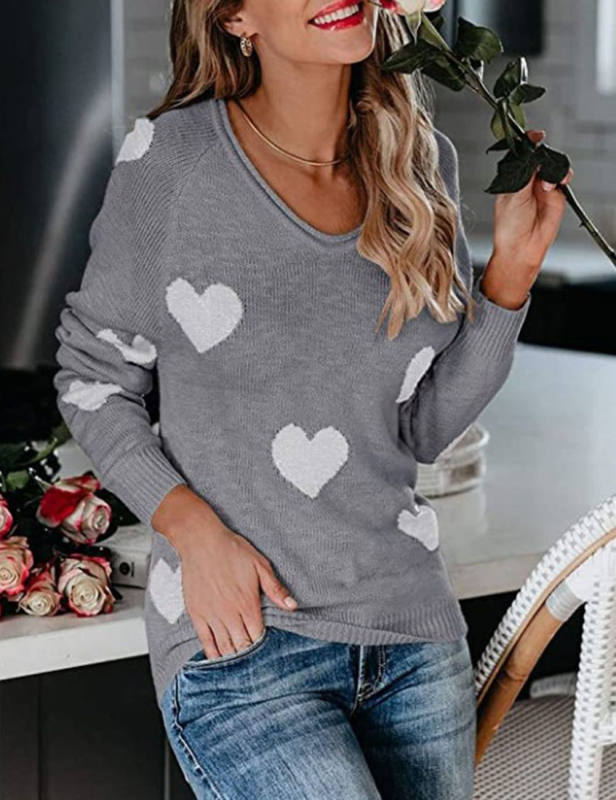 Gray V Neck Heart Graphic Knit Sweater