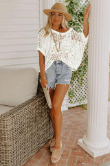 White Fishnet Knit Ribbed Round Neck Short Sleeve Sweater Tee