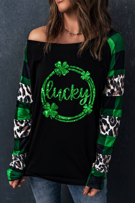 Green Lucky Clover Graphic Leopard Plaid Long Sleeve Top