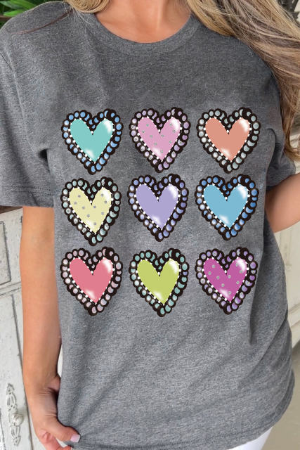 Gray Colorful Heart Shaped Print Crew Neck Casual Tee