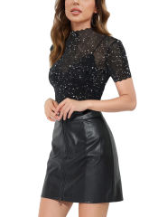 Silver Stars Print Sheer Mesh Short Sleeve Crop Tops