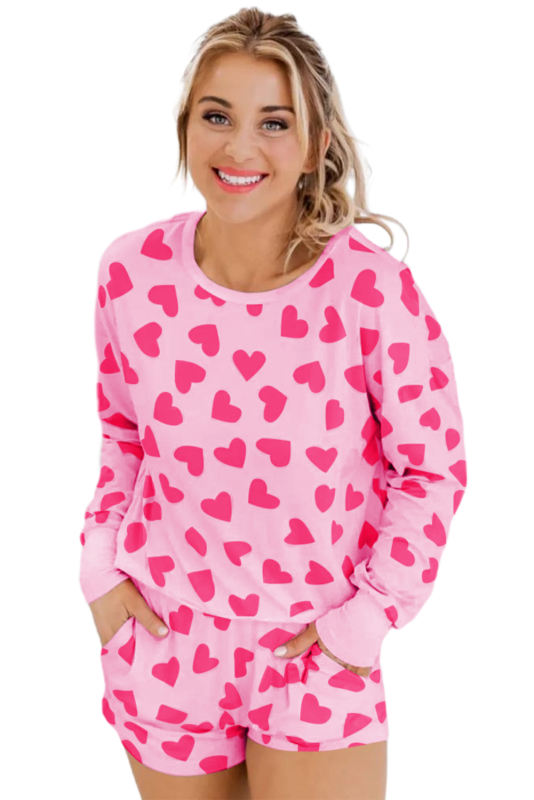 Pink Valentine Heart Shape Print Long Sleeve Top Shorts Lounge Set  LC15803-P201020
