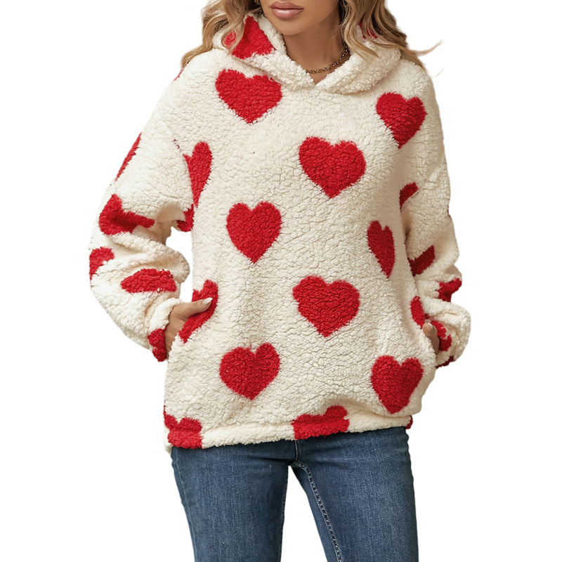 Red Heart Print Pocket Fleece Pullover Sweatshirt