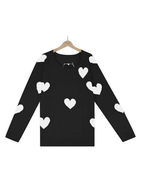 Black V Neck Heart Graphic Knit Sweater