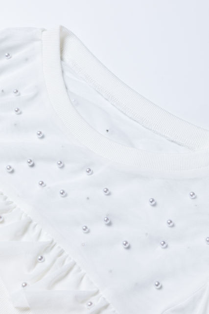 White Pearl Decor Mesh Patchwork Ribbed Long Sleeve Top