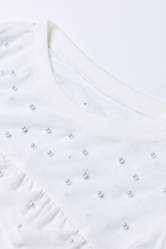 White Pearl Decor Mesh Patchwork Ribbed Long Sleeve Top
