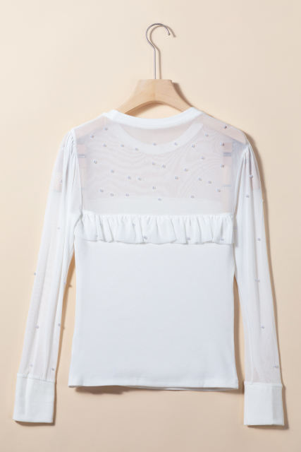 White Pearl Decor Mesh Patchwork Ribbed Long Sleeve Top