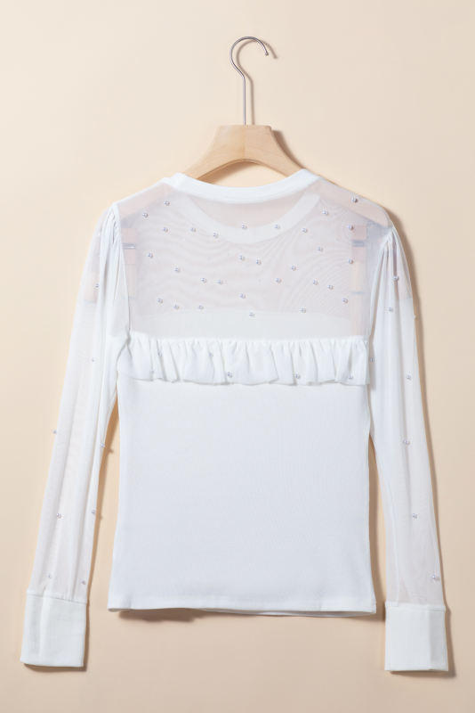White Pearl Decor Mesh Patchwork Ribbed Long Sleeve Top