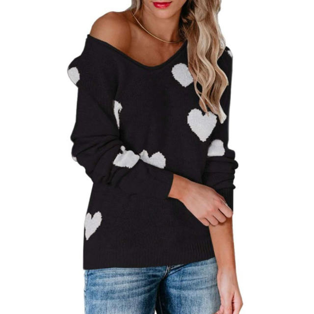 Black V Neck Heart Graphic Knit Sweater