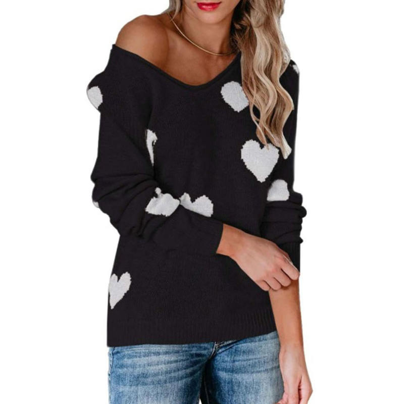 Black V Neck Heart Graphic Knit Sweater