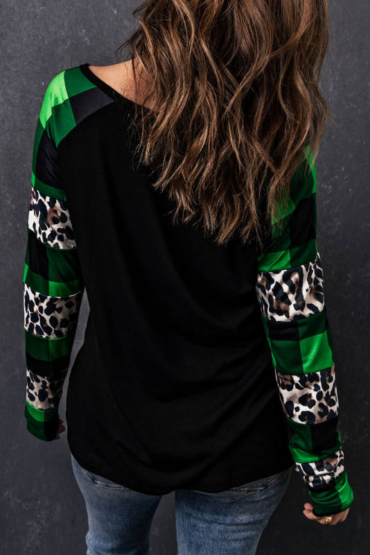 Green Sequin Clover Patch Graphic Plaid&amp;Leopard Sleeve Top