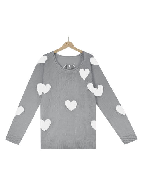 Gray V Neck Heart Graphic Knit Sweater