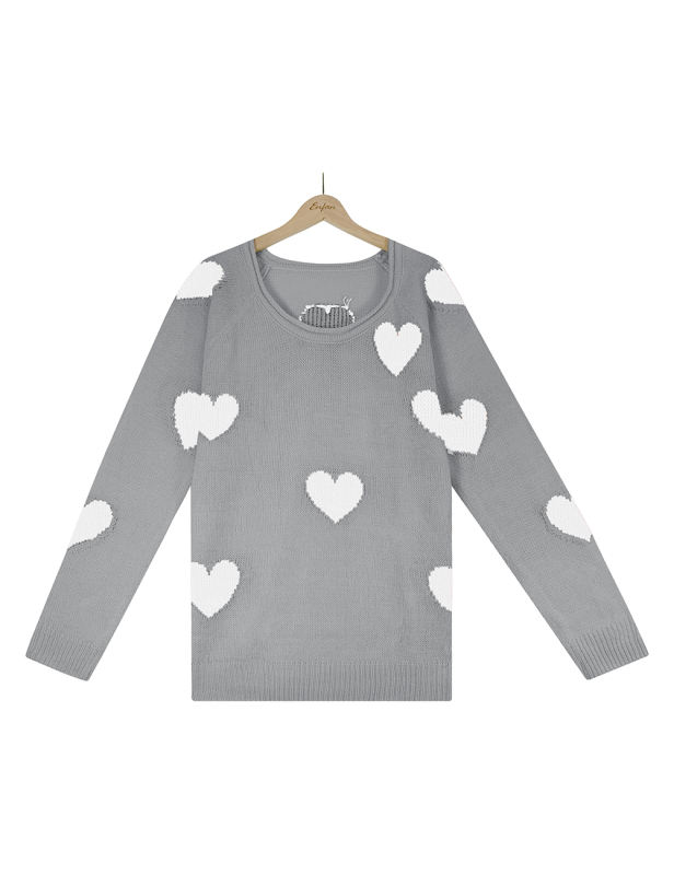 Gray V Neck Heart Graphic Knit Sweater