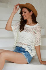 White Fishnet Knit Ribbed Round Neck Short Sleeve Sweater Tee