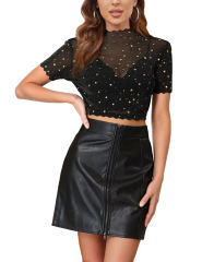 Gold Stars Print Sheer Mesh Short Sleeve Crop Tops