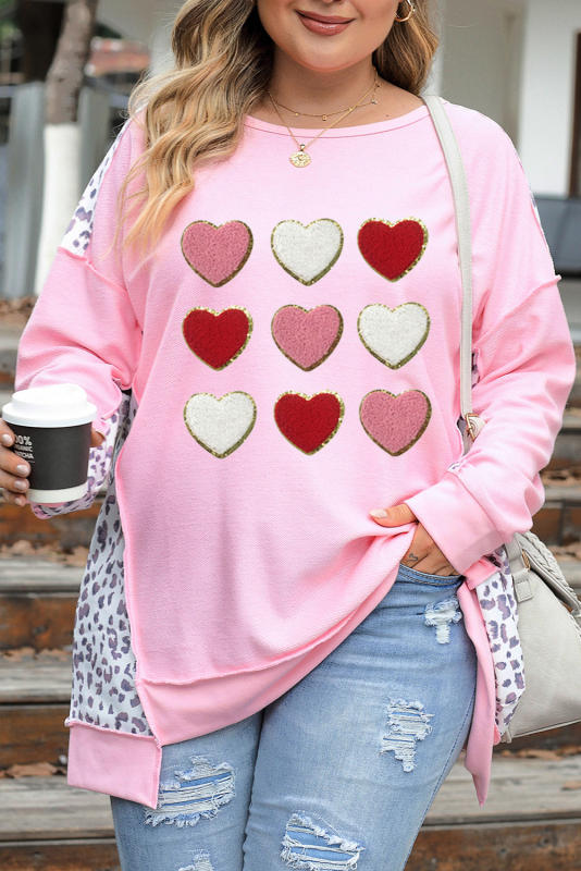 Pink Plus Leopard Patchwork Chenille Heart Graphic Sweatshirt